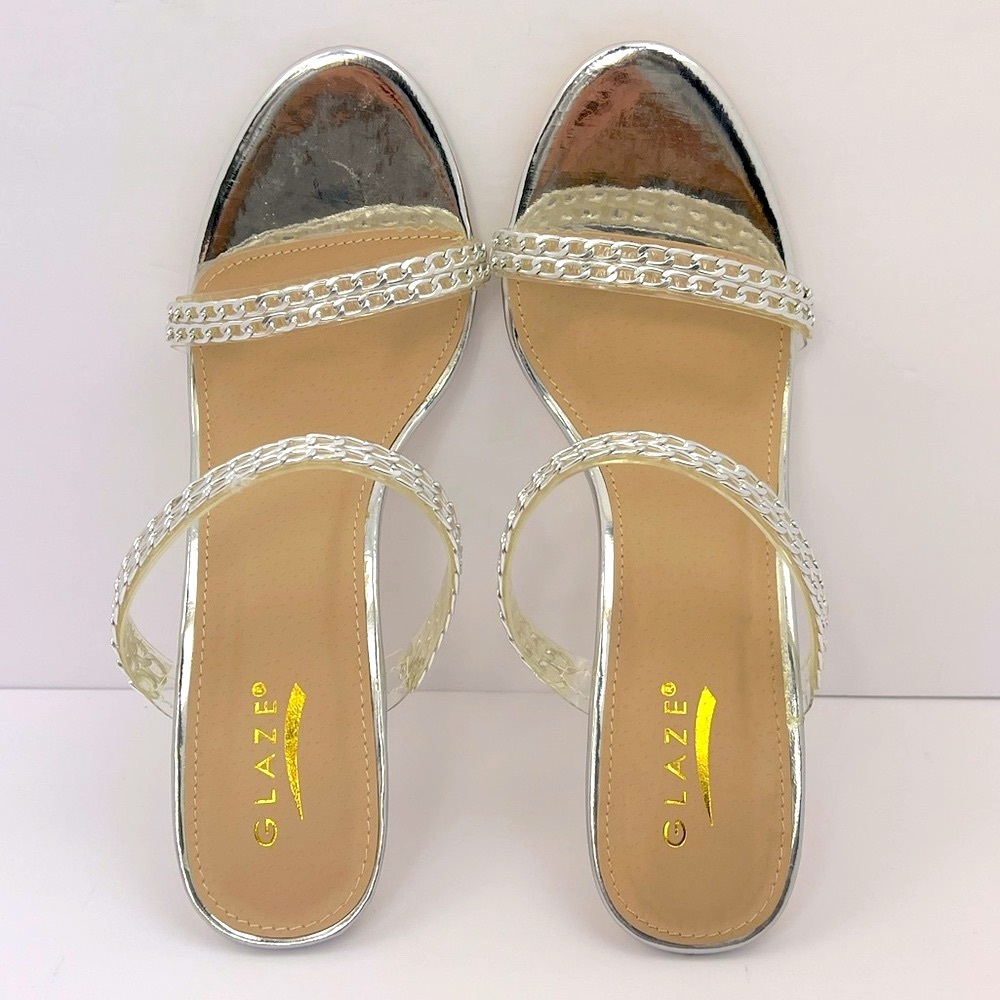 GLAZE SILVER CHAIN STRAPPY SANDALS, ALL MAN-MADE MATRIAL, WOMEN’S SIZE 10 - Picture 8 of 17